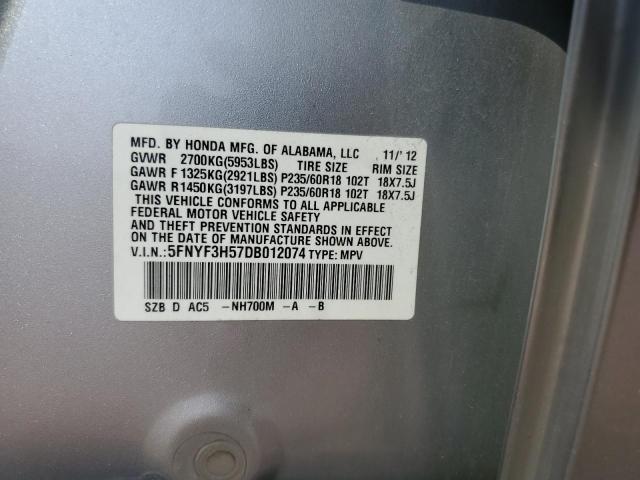 5FNYF3H57DB012074 - 2013 HONDA PILOT EXL 银色 照片 12