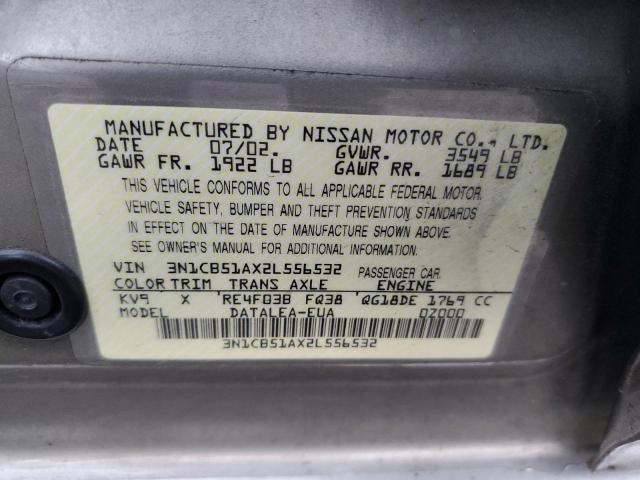 3N1CB51AX2L556532 - 2002 NISSAN SENTRA GXE GRAY photo 12