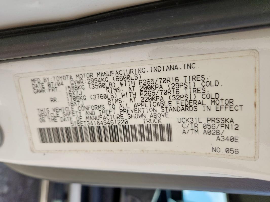 5TBET34184S461220 - 2004 TOYOTA TUNDRA DOUBLE CAB SR5 WHITE photo 12