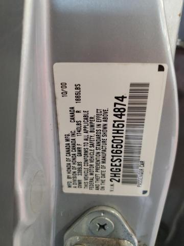 2HGES16501H514874 - 2001 HONDA CIVIC LX SILVER photo 12