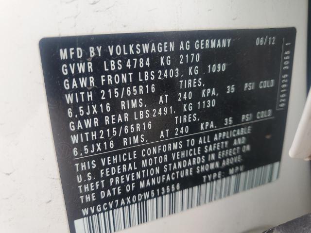 WVGCV7AX0DW513556 - 2013 VOLKSWAGEN TIGUAN S WHITE photo 14