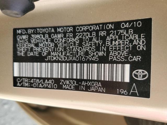 JTDKN3DUXA0167945 - 2010 TOYOTA PRIUS BEIGE photo 12