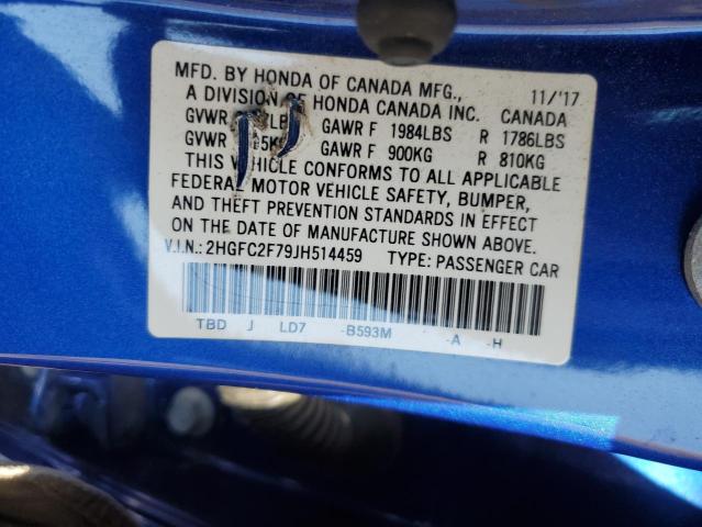 2HGFC2F79JH514459 - 2018 HONDA CIVIC EX BLUE photo 12