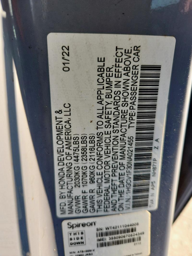 1HGCV1F30NA021455 - 2022 HONDA ACCORD SPORT GRAY photo 12