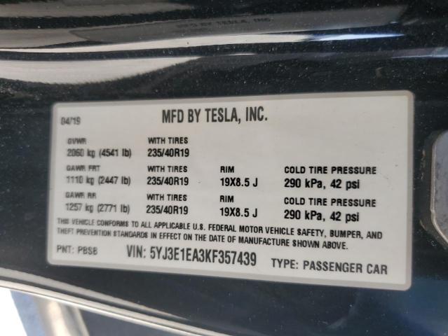 5YJ3E1EA3KF357439 - 2019 TESLA MODEL 3 Qara foto 12