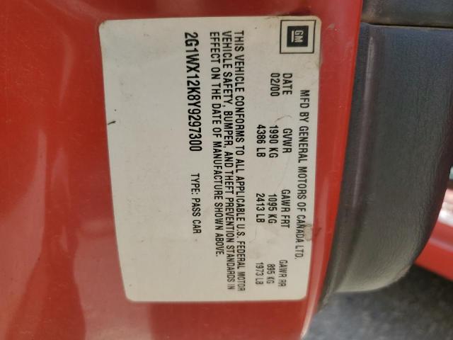 2G1WX12K8Y9297300 - 2000 CHEVROLET MONTE CARLO SS წითელი ფოტო 12