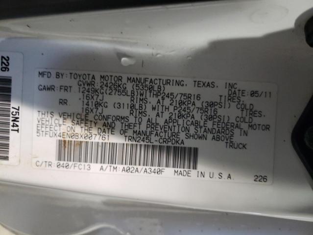 5TFUX4EN0BX007761 - 2011 TOYOTA TACOMA ACCESS CAB თეთრი ფოტო 12