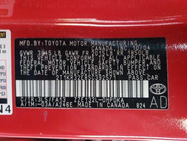 2T1KR32E85C392571 - 2005 TOYOTA COROLLA MA XR RED photo 10