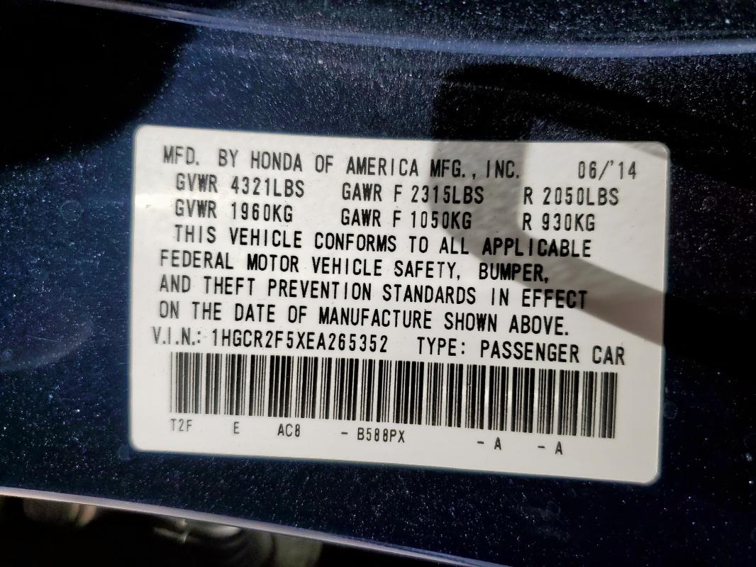 1HGCR2F5XEA265352 - 2014 HONDA ACCORD SPORT BLUE photo 12