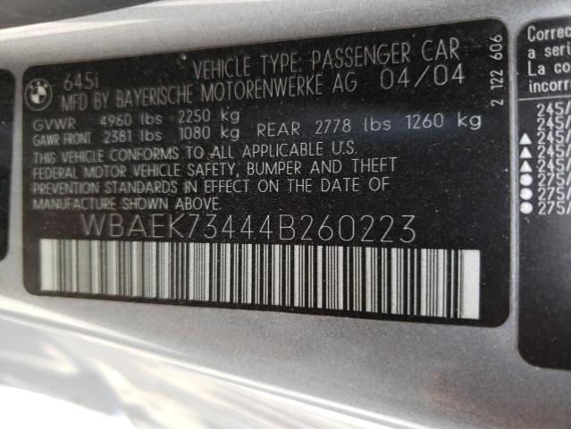 WBAEK73444B260223 - 2004 BMW 645 CI AUTOMATIC Сұр фото 12