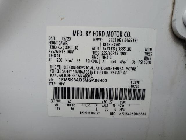 1FM5K8AB5MGA86400 - 2021 FORD EXPLORER POLICE INTERCEPTOR Beyaz fotoğraf 13