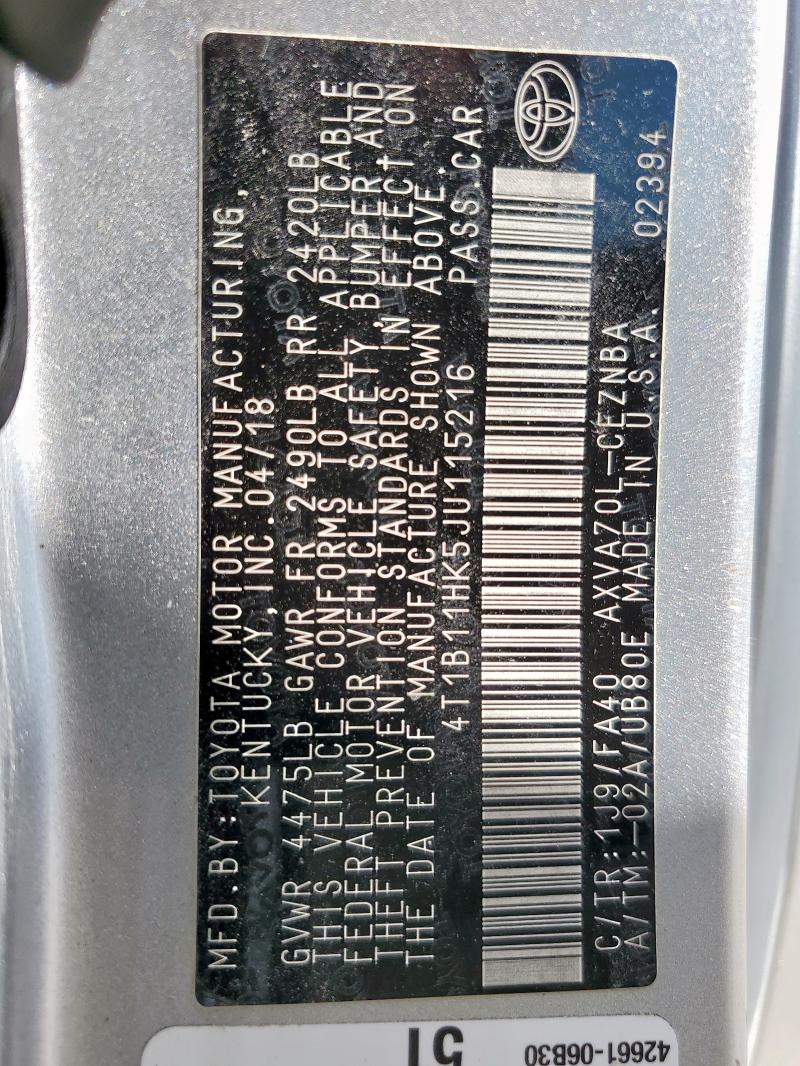 4T1B11HK5JU115216 - 2018 TOYOTA CAMRY L SILVER photo 12