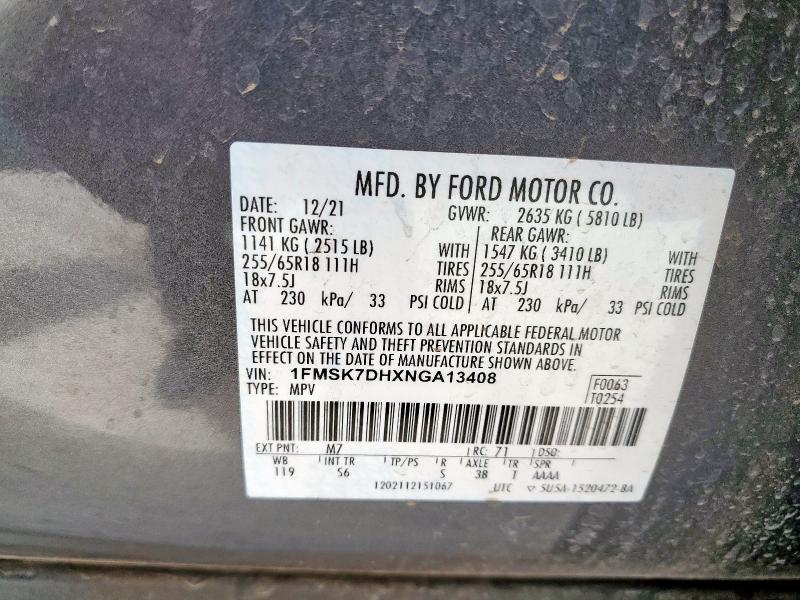 1FMSK7DHXNGA13408 - 2022 FORD EXPLORER XLT GRAY photo 13