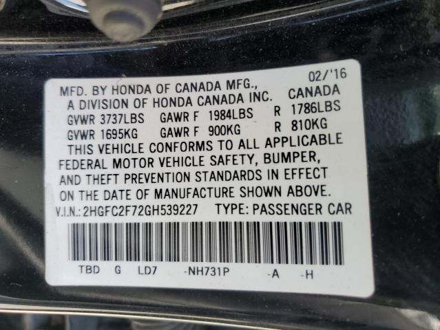 2HGFC2F72GH539227 - 2016 HONDA CIVIC EX BLACK photo 12