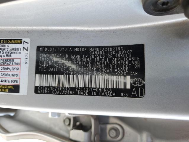 2T1KR32EX8C699826 - 2008 TOYOTA COROLLA MA XR SILVER photo 12