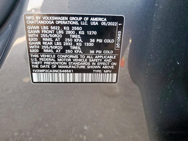1V2WP2CA3NC546561 - 2022 VOLKSWAGEN ATLAS SE Серый фото 13