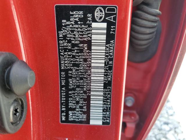 2T1BURHE9KC199057 - 2019 TOYOTA COROLLA L RED photo 13