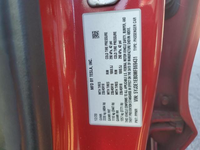 5YJ3E1EB0MF869431 - 2021 TESLA MODEL 3 წითელი ფოტო 12