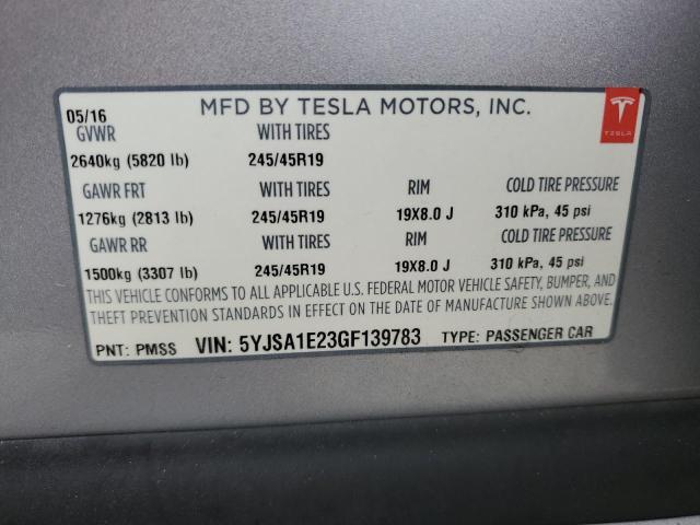 5YJSA1E23GF139783 - 2016 TESLA MODEL S 银色 照片 12