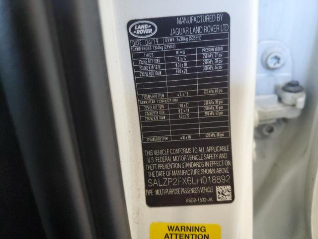 SALZP2FX6LH018892 - 2020 LAND ROVER RANGE ROVE SE WHITE photo 13