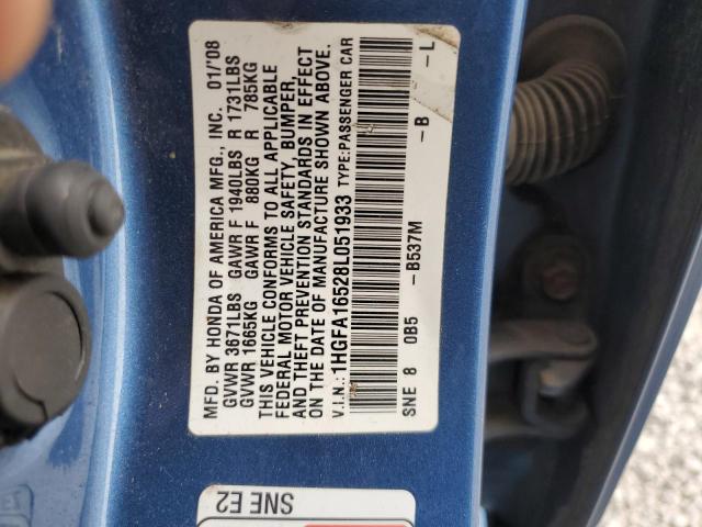 1HGFA16528L051933 - 2008 HONDA CIVIC LX BLUE photo 12