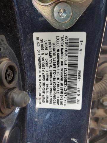 19XFC1F3XGE012778 - 2016 HONDA CIVIC EX GRAY photo 12