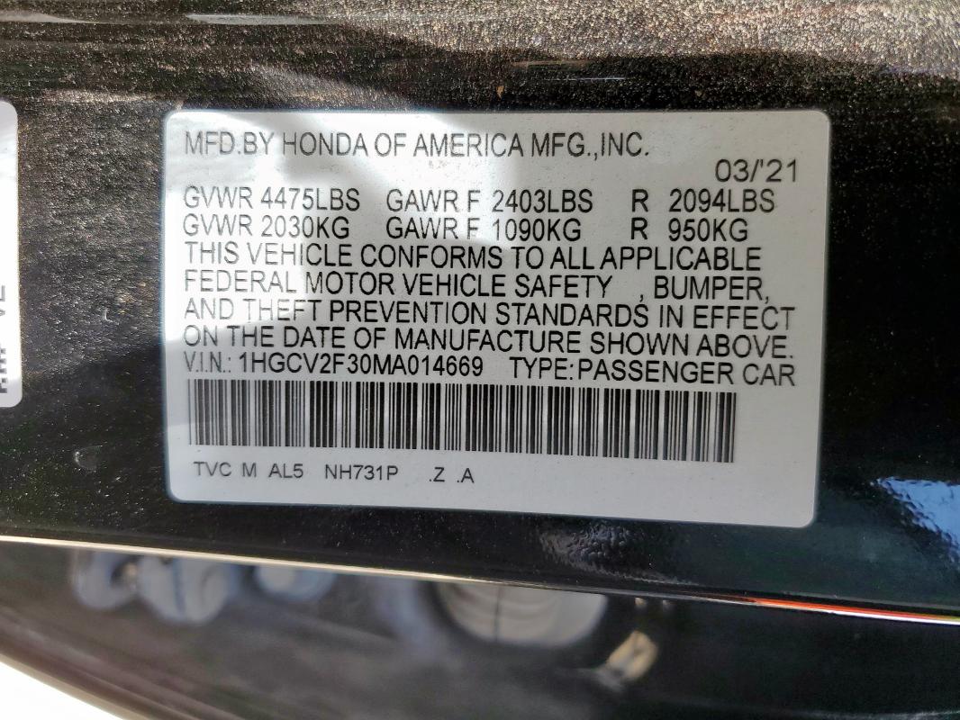1HGCV2F30MA014669 - 2021 HONDA ACCORD SPORT Қара фото 12