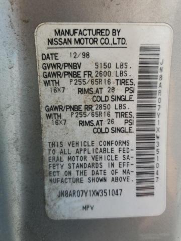 JN8AR07Y1XW351047 - 1999 NISSAN PATHFINDER LE SILVER photo 13