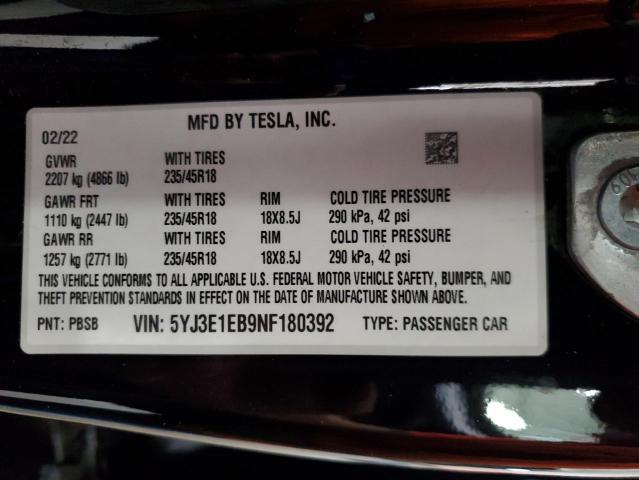 5YJ3E1EB9NF180392 - 2022 TESLA MODEL 3 Սև լուսանկար 13