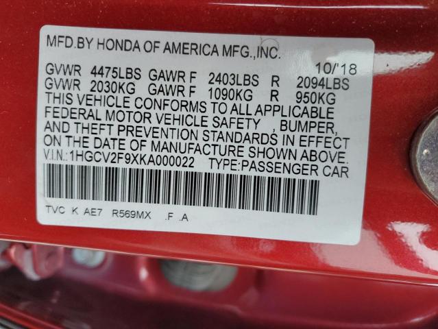 1HGCV2F9XKA000022 - 2019 HONDA ACCORD TOURING RED photo 12