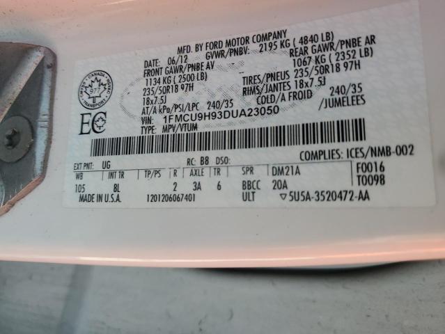 1FMCU9H93DUA23050 - 2013 FORD ESCAPE SEL WHITE photo 13
