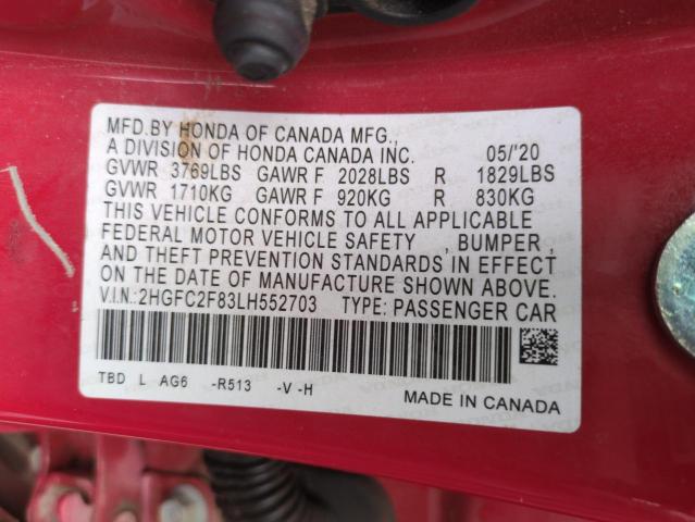2HGFC2F83LH552703 - 2020 HONDA CIVIC SPORT RED photo 13