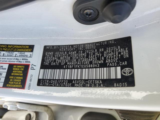 4T1BF1FK1CU588943 - 2012 TOYOTA CAMRY BASE WHITE photo 12