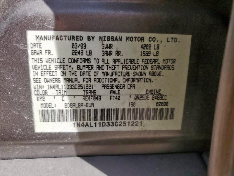 1N4AL11D33C251221 - 2003 NISSAN ALTIMA BASE TAN photo 12
