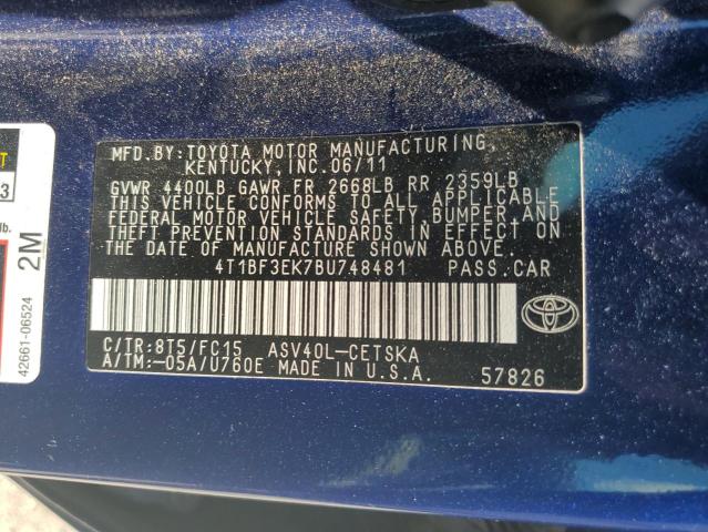 4T1BF3EK7BU748481 - 2011 TOYOTA CAMRY BASE BLUE photo 12