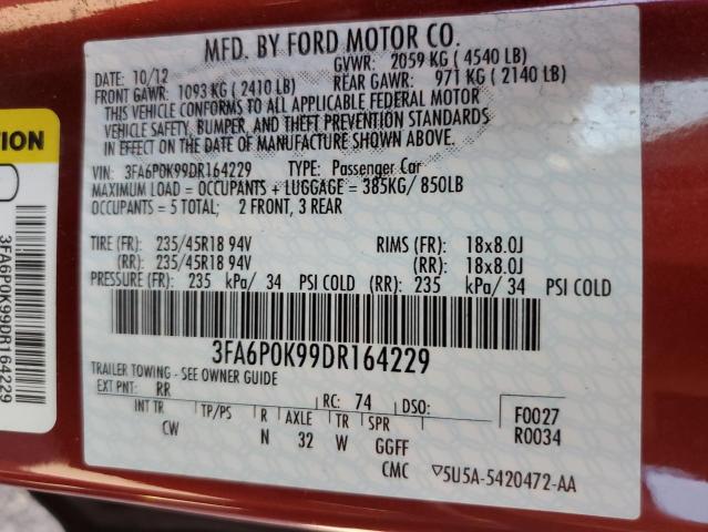 3FA6P0K99DR164229 - 2013 FORD FUSION TITANIUM 红色 照片 12