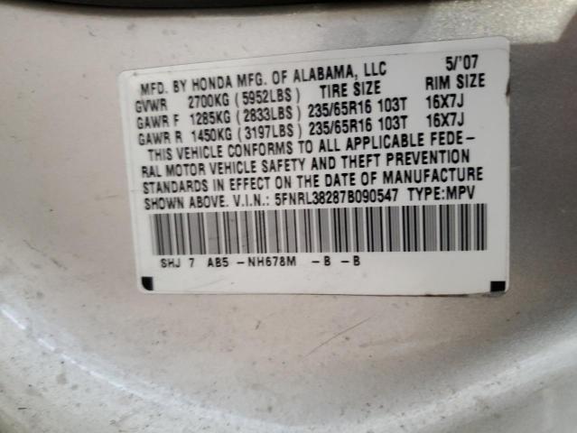 5FNRL38287B090547 - 2007 HONDA ODYSSEY LX SILVER photo 13