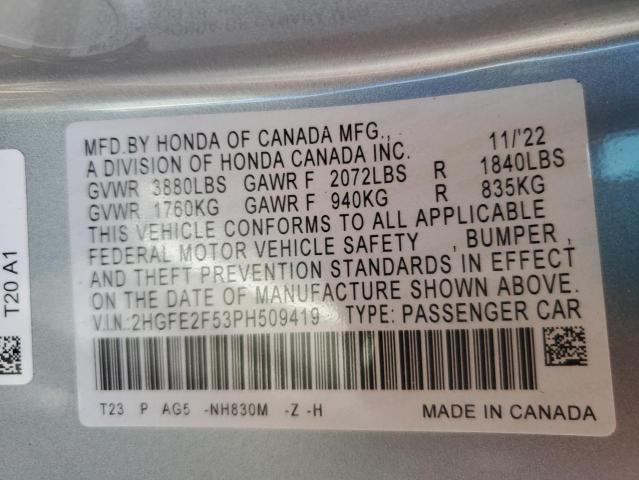 2HGFE2F53PH509419 - 2023 HONDA CIVIC SPORT 银色 照片 12