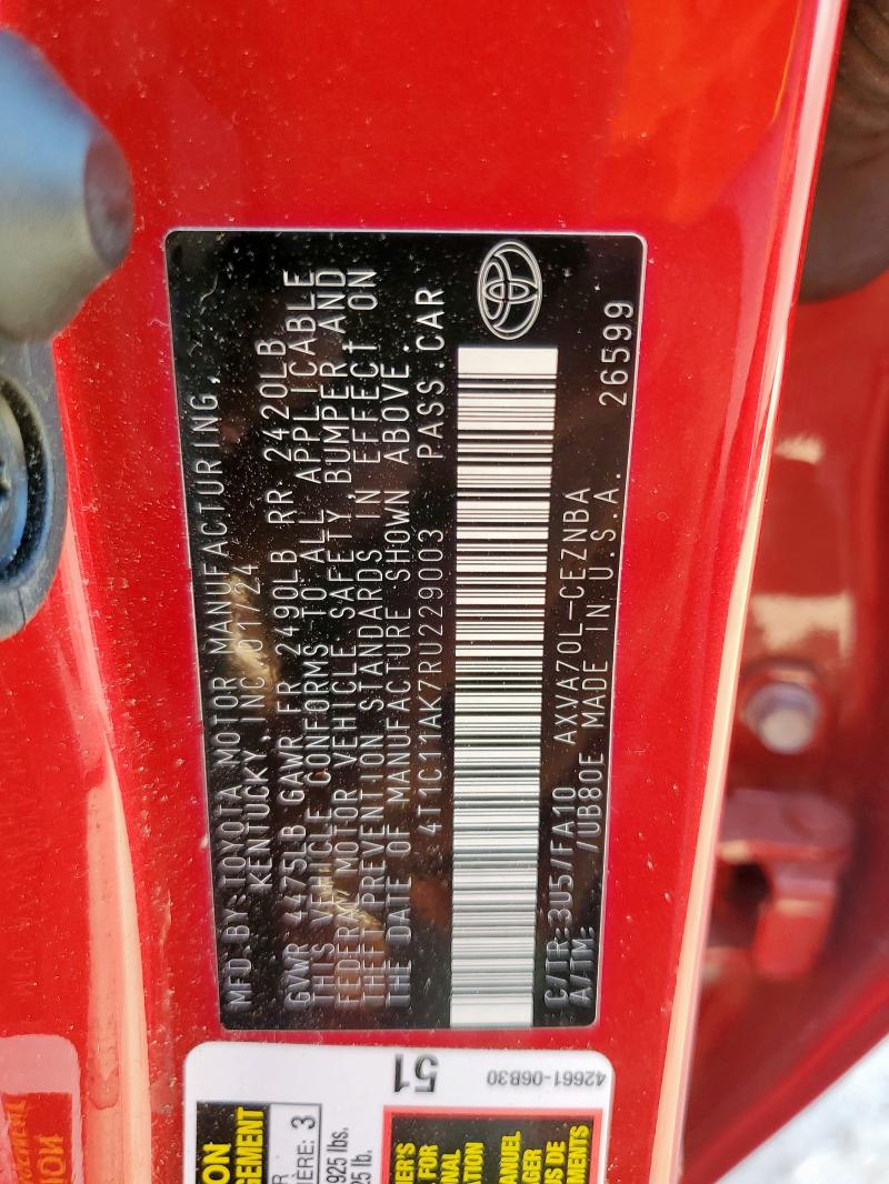4T1C11AK7RU229003 - 2024 TOYOTA CAMRY LE RED photo 12