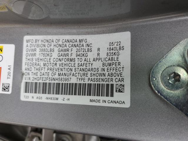 2HGFE2F59NH583957 - 2022 HONDA CIVIC SPORT ვერცხლისფერი ფოტო 12