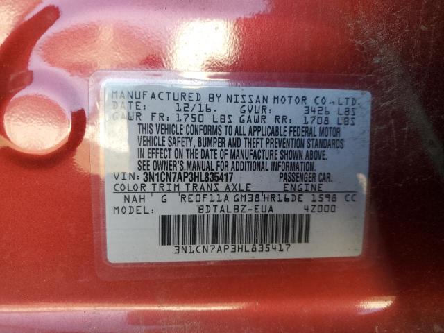 3N1CN7AP3HL835417 - 2017 NISSAN VERSA S RED photo 12