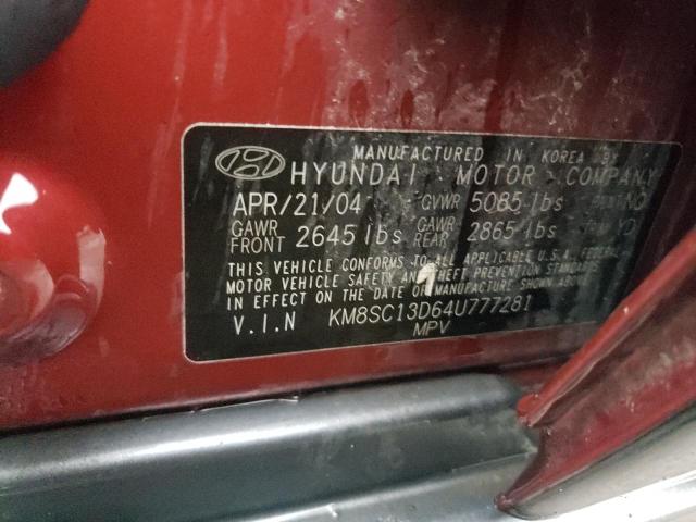 KM8SC13D64U777281 - 2004 HYUNDAI SANTA FE GLS MAROON photo 12