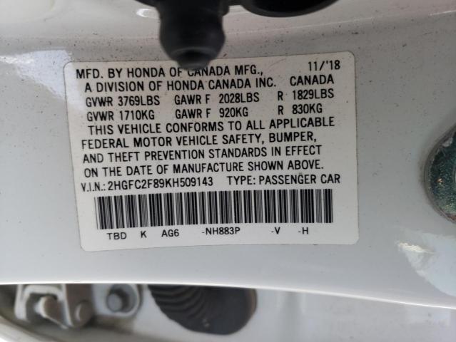 2HGFC2F89KH509143 - 2019 HONDA CIVIC SPORT WHITE photo 12