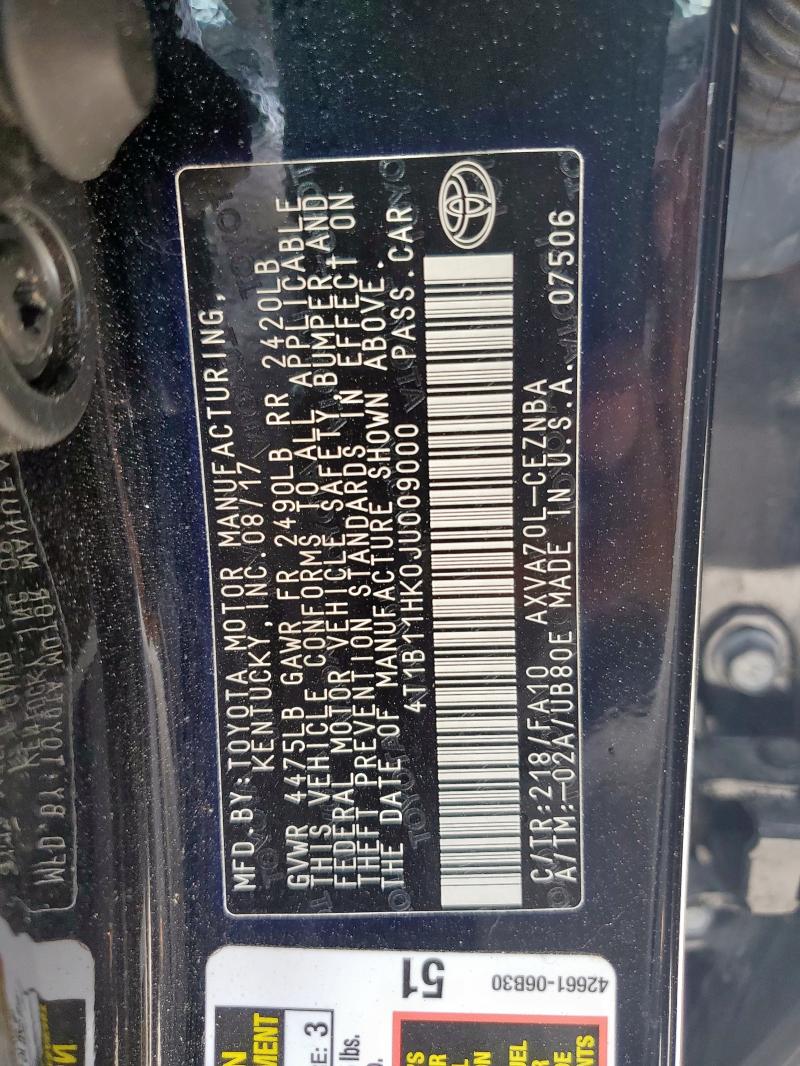 4T1B11HK0JU009000 - 2018 TOYOTA CAMRY L 黑色 照片 12