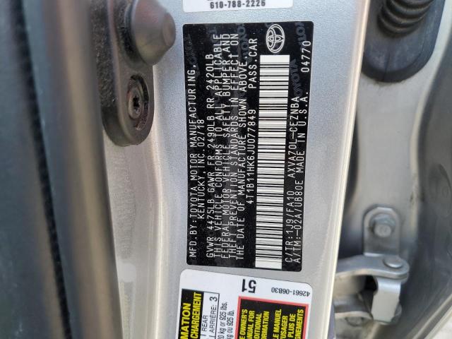 4T1B11HK6JU077849 - 2018 TOYOTA CAMRY L ვერცხლისფერი ფოტო 12
