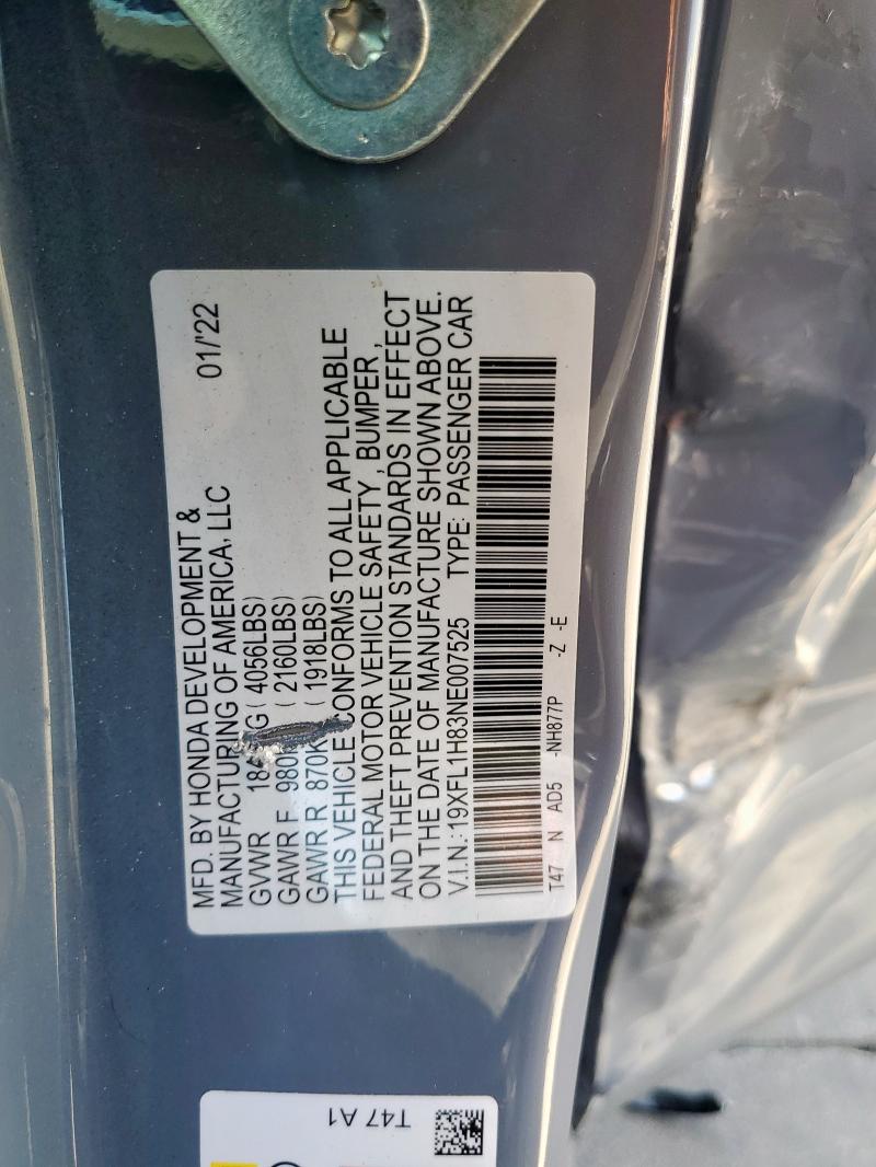 19XFL1H83NE007525 - 2022 HONDA CIVIC SPORT TOURING BLUE photo 12