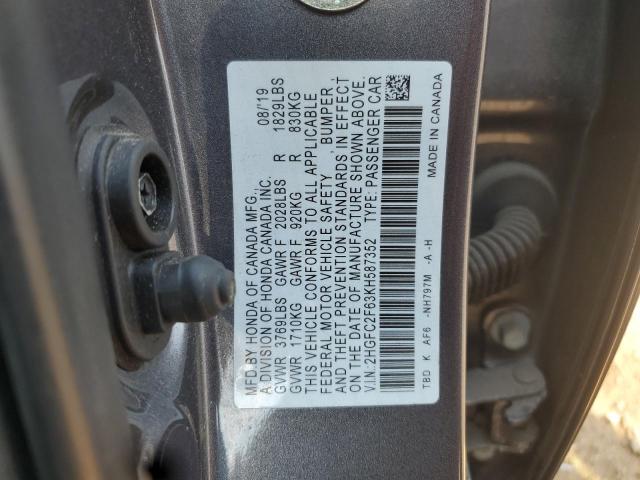 2HGFC2F63KH587352 - 2019 HONDA CIVIC LX GRAY photo 12