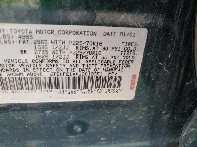 JTEHF21AX10010651 - 2001 TOYOTA HIGHLANDER GREEN photo 13