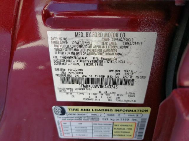 1FMDK03W78GA43745 - 2008 FORD TAURUS X LIMITED BURGUNDY photo 13