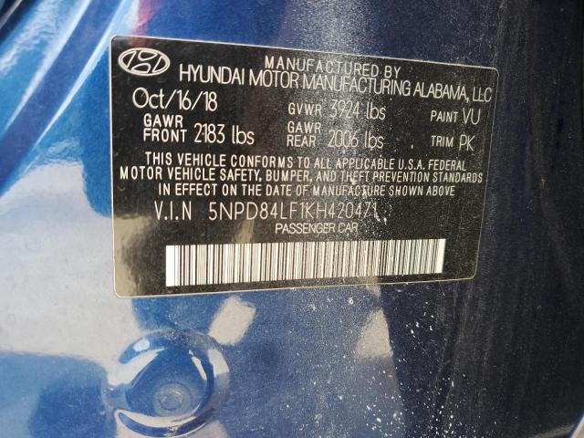 5NPD84LF1KH420471 - 2019 HYUNDAI ELANTRA SEL BLUE photo 12